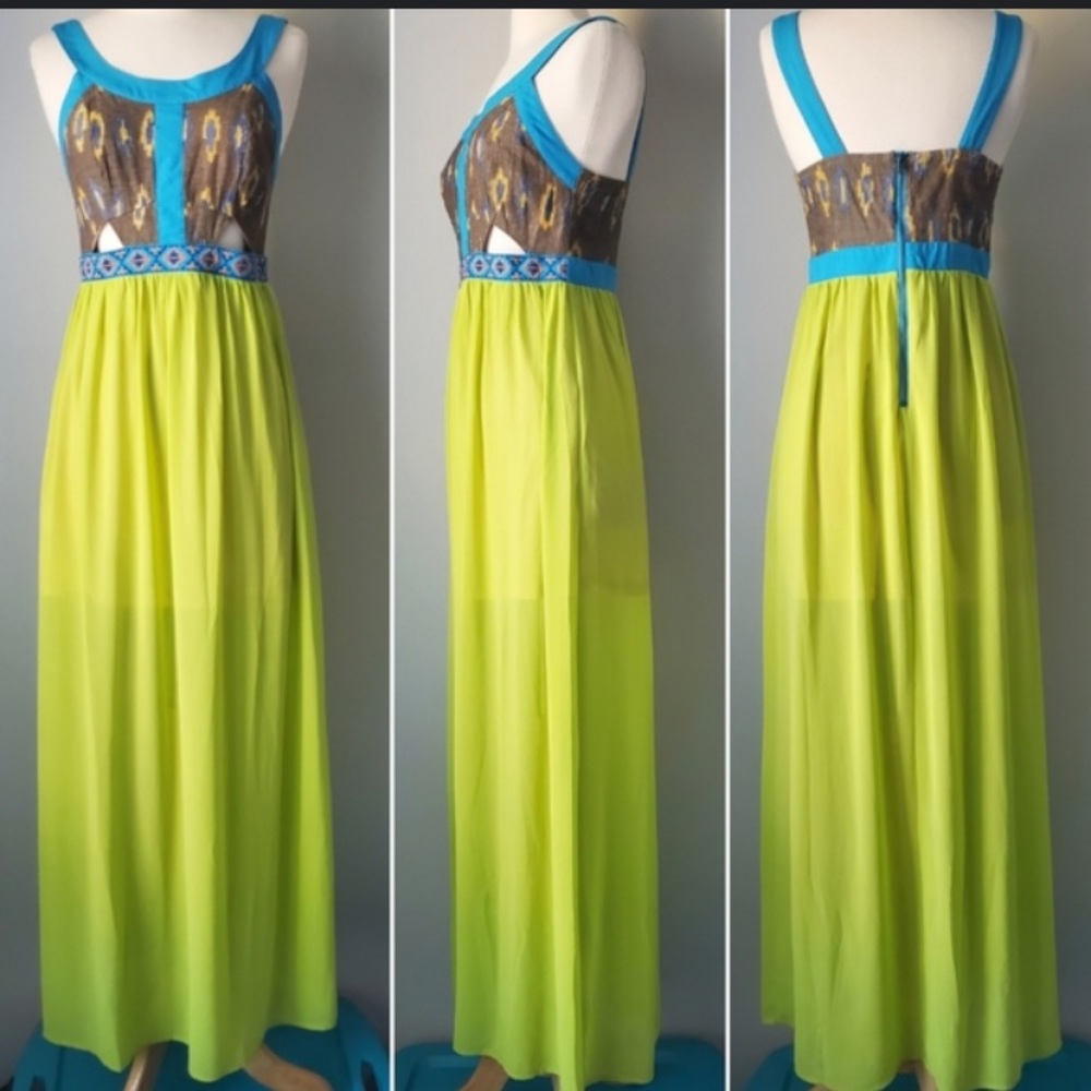 O Flying Tomatoe Maxi Dress Womens Sz S Small Sheer Colorful Multicolor Festive